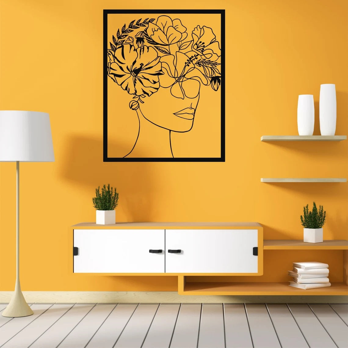 Face and Flowers, Minimalist Metal Wall Art - Etgshop LLC