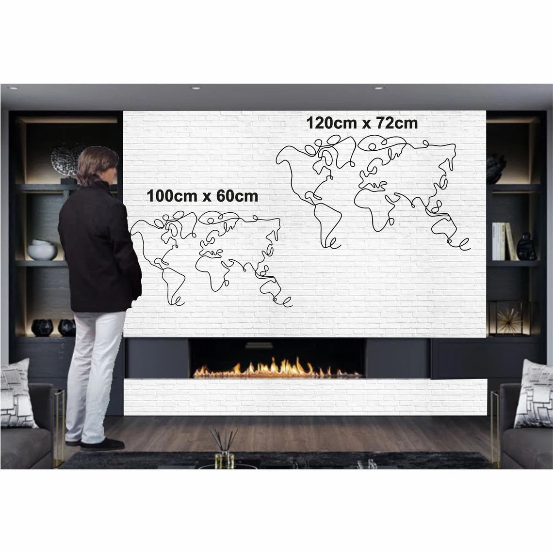 Line Wall Decor, Metal World Map Wall Art 2 Pieces - Etgshop LLC