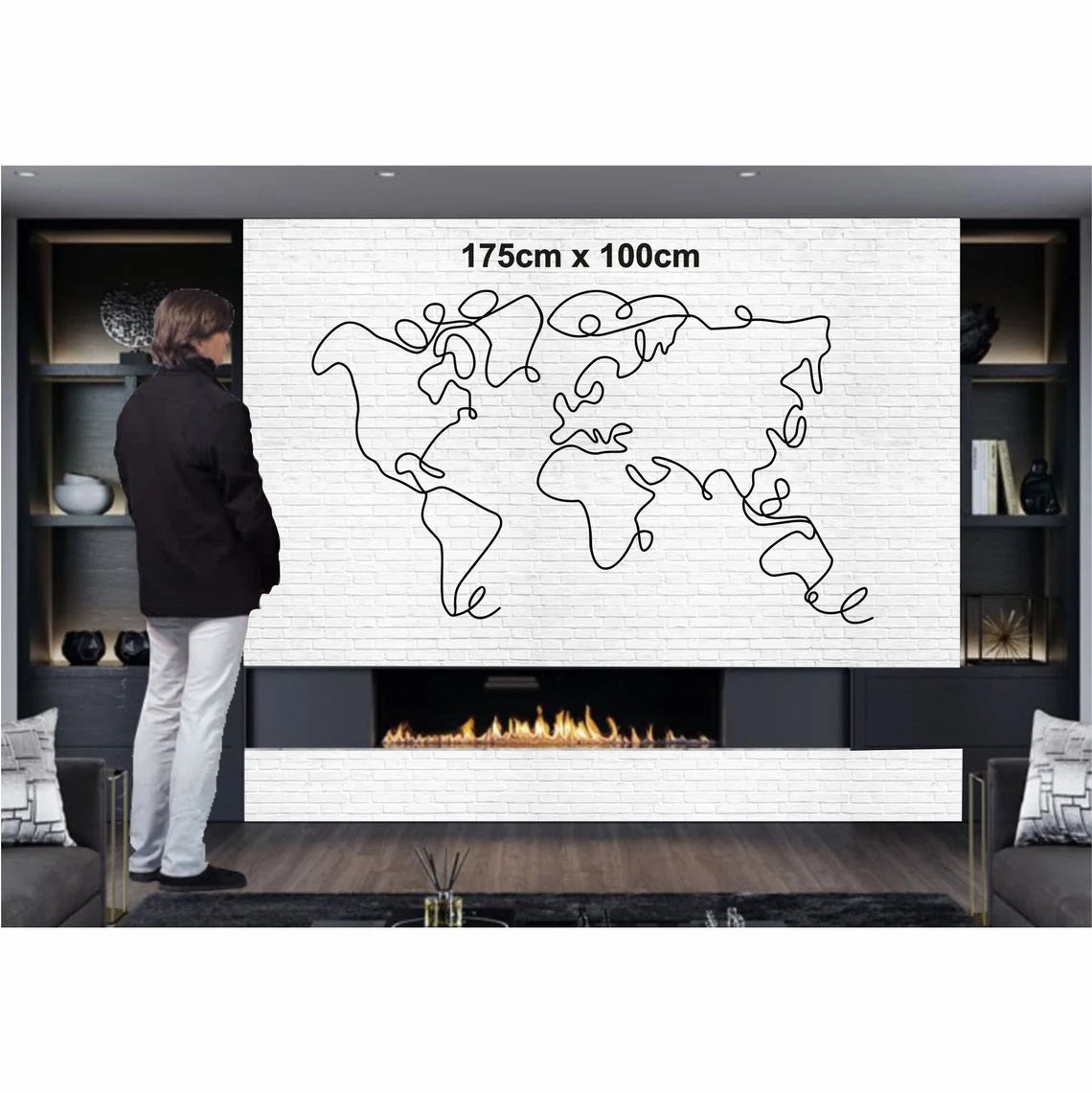 Line Wall Decor, Metal World Map Wall Art 2 Pieces - Etgshop LLC