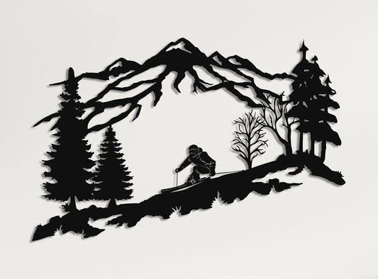 Metal Skier Wall Art, Mountain and Trees Themed Wall Art, Metal Wall Decor, Ski Lover Gift, Home Decoration, Wall Hangings (24" W x 15" H / 60x38 cm)