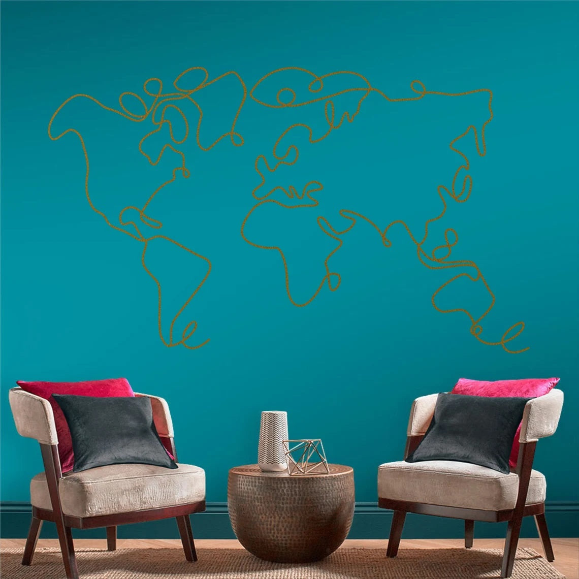 Line Wall Decor, Metal World Map Wall Art 2 Pieces - Etgshop LLC