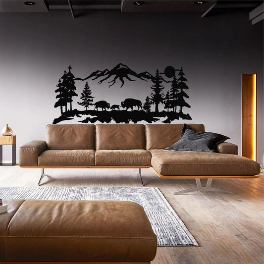 Metal Wall Art, Metal Bison Decor, Tree Mountain Bison Family Art, Home Office Decoration, Wildlife Lover Gift, Wall Hangings, Buffalo Art